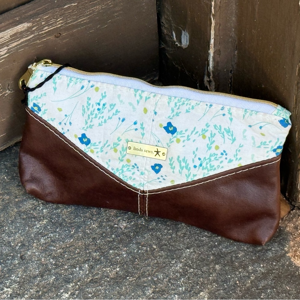 Floral Cotton and Brown Leather Zippered Clutch